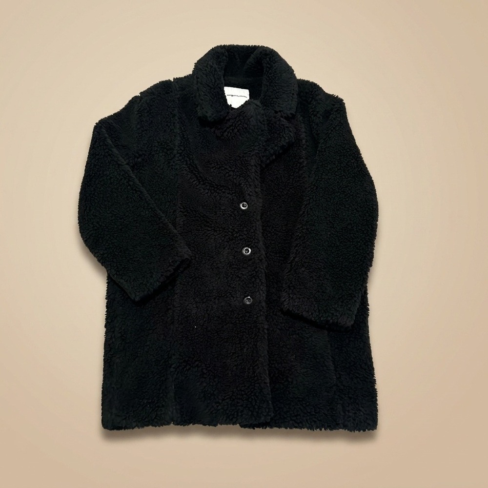 American Eagle Teddy Coat Womens M Black Sherpa Faux Fur Button Front Long